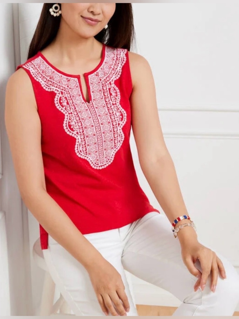 Talbots Red with White Embroidered Neckline Tank Top; NWT, Sz. M